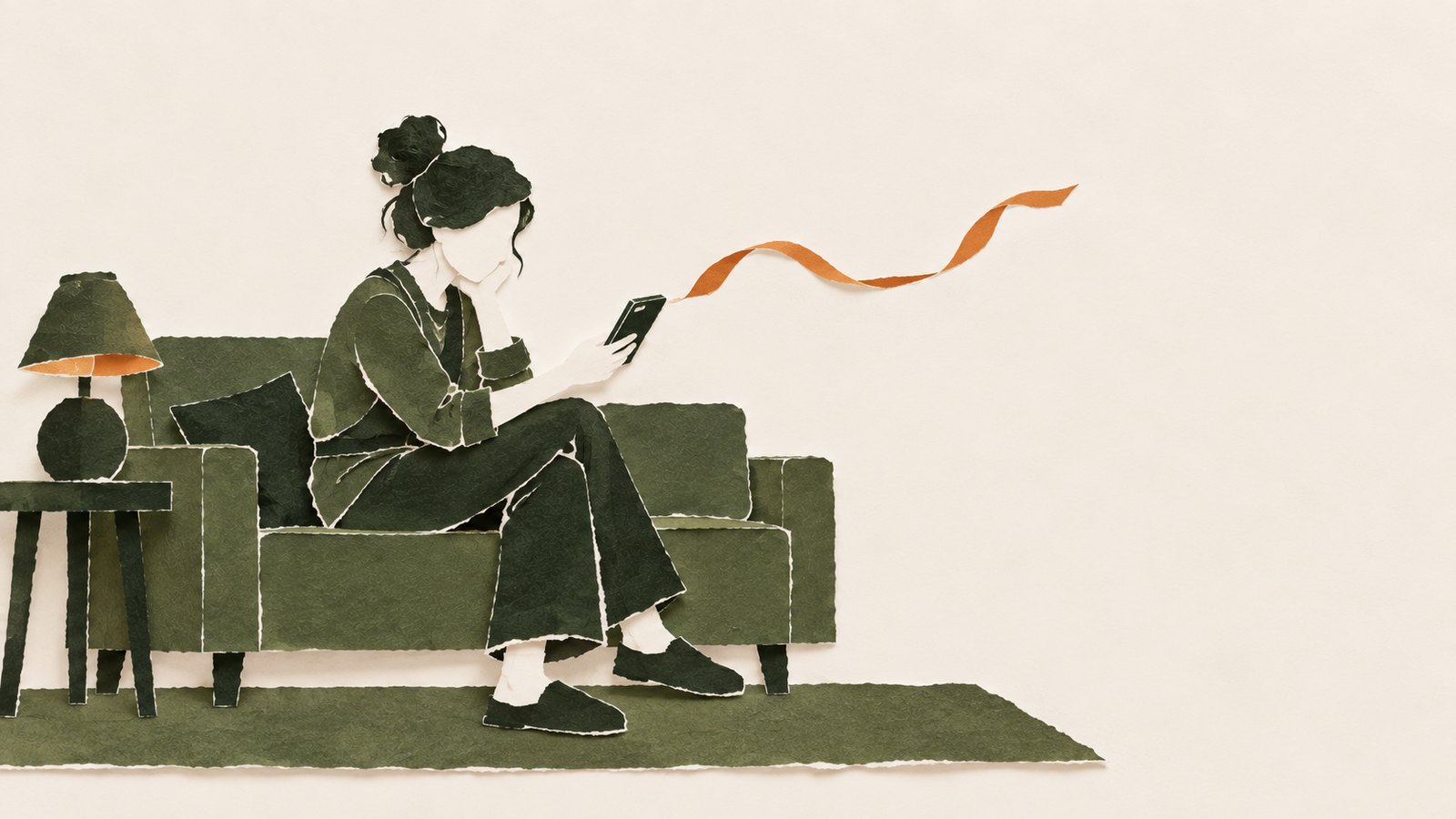 Paper collage: a seller looking at their phone on the couch at night; a message strip drifts away from the phone and disappears