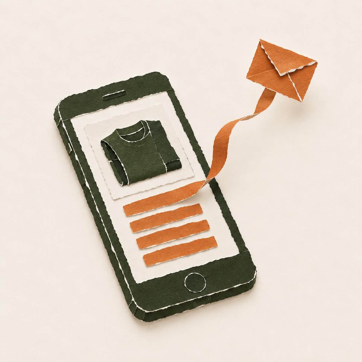 Paper collage: a product card on a phone screen with comment strips below; one strip lifts off and turns into an envelope
