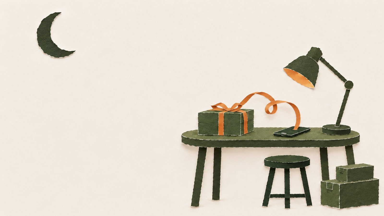 Paper collage: night, crescent moon, a ribboned package and phone on a table; a strip rising from the phone lands on the package