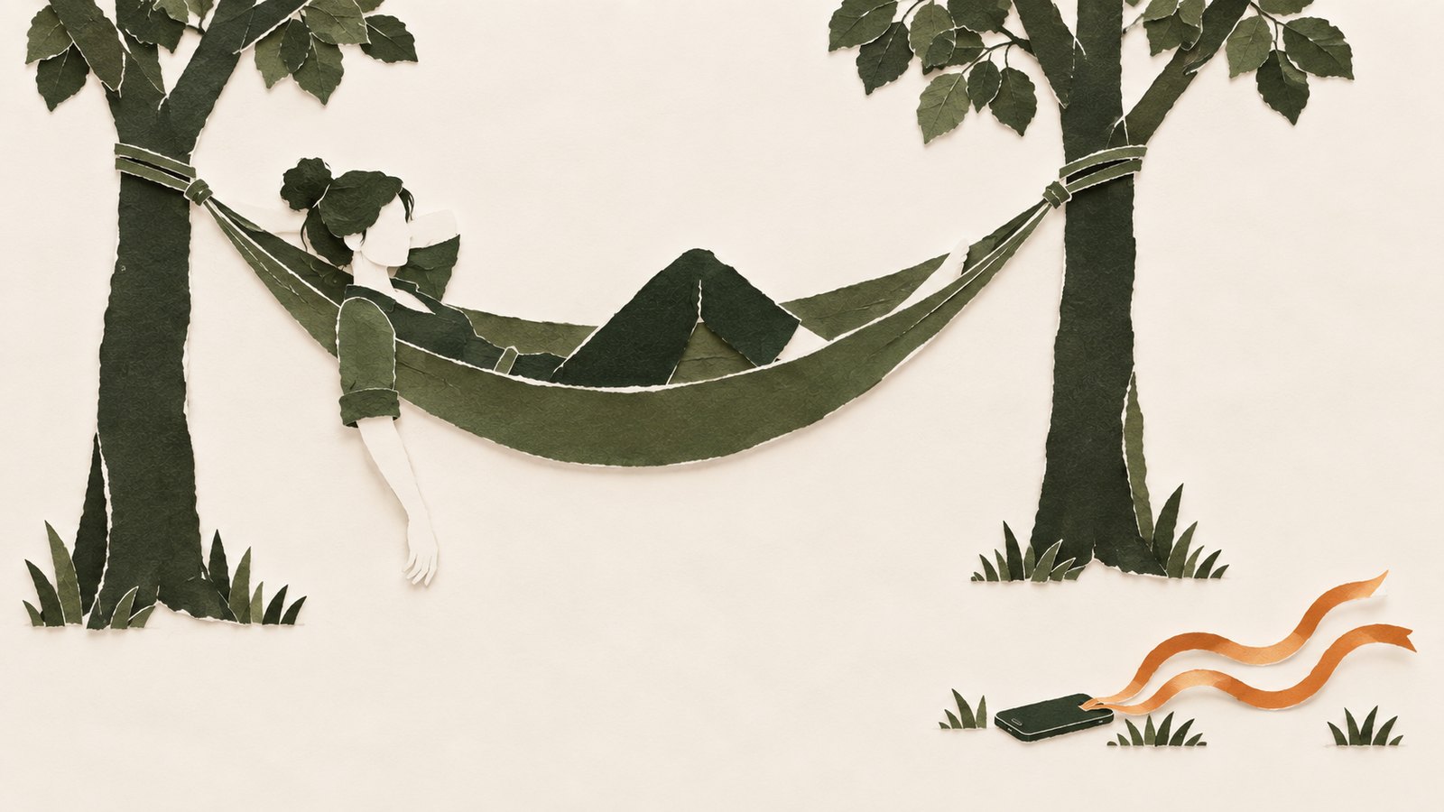 Paper collage: someone resting in a hammock between two trees; in the distance, strips flow on their own from a face-down phone
