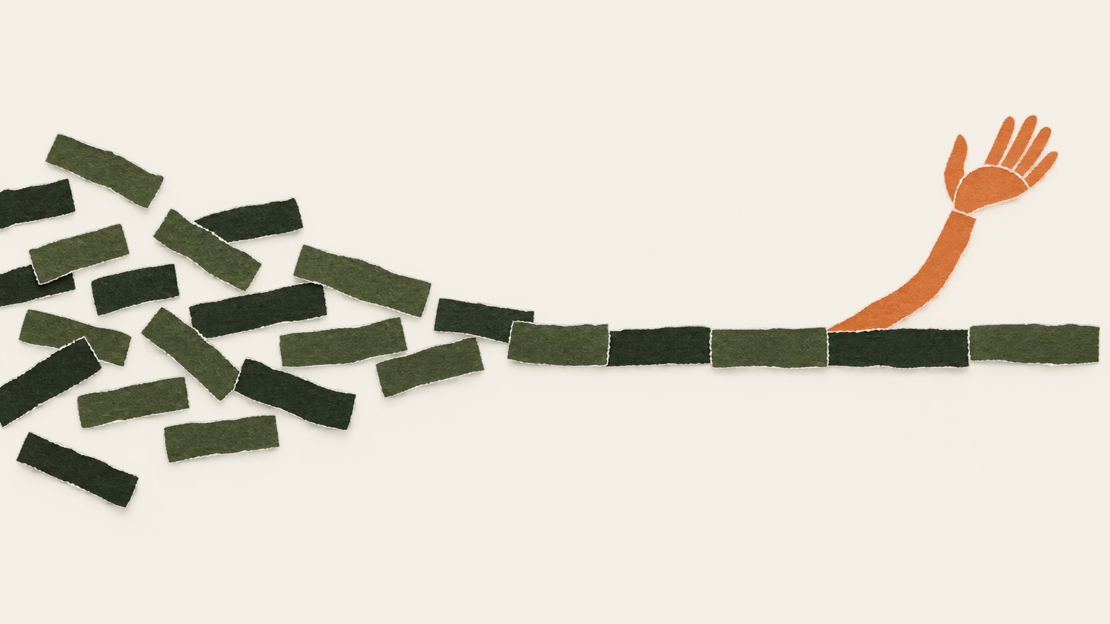 Paper collage: scattered strips form an orderly line while an orange strip splits off into a hand for a decision.